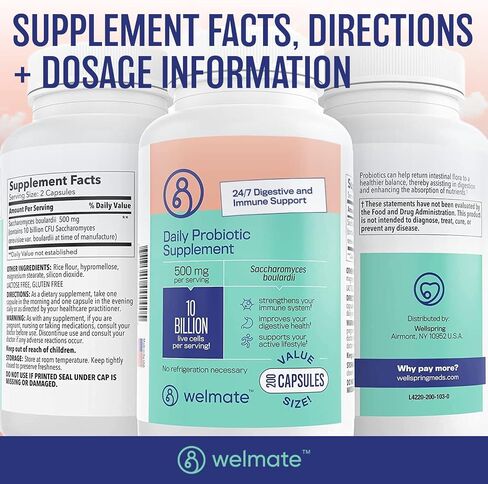 WELMATE Bifidobacterium | Probiotic Supplement | Supports Gut Health | Immune Support | Digestive Enzymes | Gluten Free | Vegan | Men & Womens Probiotic | Value Size | 200 Count in Kuwait