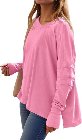 Tankaneo Womens Long Sleeve Tops قمصان المشي لمسافات طويلة كبيرة الحجم v رقبة جانب الصالة الرياضية مع ثقوب الإبهام in Saudi Arabia