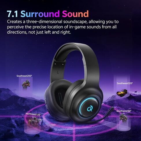 سماعة ألعاب QCY لأجهزة الكمبيوتر/PS5/PS4/Switch، سماعات رأس HEROAD V200 فوق الأذن، USB-C، بطارية 240 ساعة، صوت محيطي 7.1، سماعات رأس لاسلكية 2.4 جيجا هرتز لمنصات متعددة، بلوتوث 6.0 in Kuwait