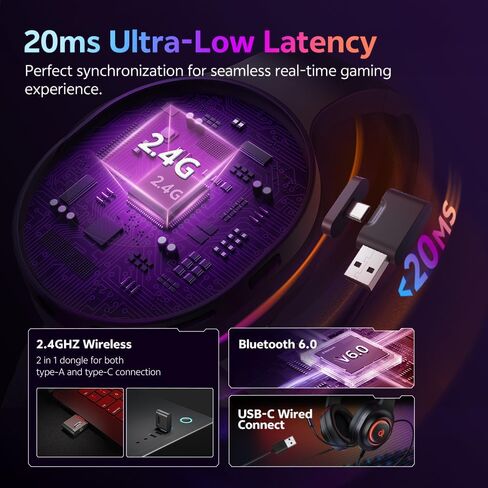 سماعة ألعاب QCY لأجهزة الكمبيوتر/PS5/PS4/Switch، سماعات رأس HEROAD V200 فوق الأذن، USB-C، بطارية 240 ساعة، صوت محيطي 7.1، سماعات رأس لاسلكية 2.4 جيجا هرتز لمنصات متعددة، بلوتوث 6.0 in Kuwait