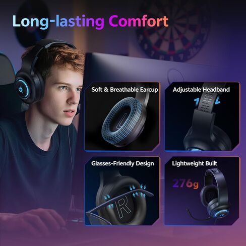سماعة ألعاب QCY لأجهزة الكمبيوتر/PS5/PS4/Switch، سماعات رأس HEROAD V200 فوق الأذن، USB-C، بطارية 240 ساعة، صوت محيطي 7.1، سماعات رأس لاسلكية 2.4 جيجا هرتز لمنصات متعددة، بلوتوث 6.0 in Kuwait