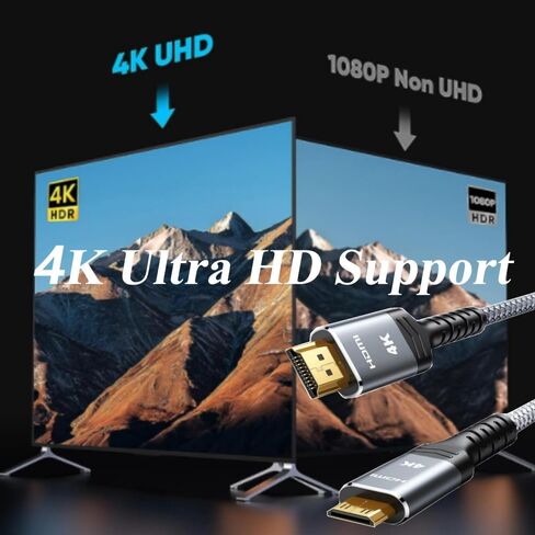 كابل HDMI صغير إلى HDMI، سلك HDMI 2.0 عالي السرعة 4K، موصلات مطلية بالذهب، متوافق مع الكاميرا، الكمبيوتر اللوحي، الكمبيوتر المحمول، التلفزيون، الشاشة (10 أقدام) in Saudi Arabia