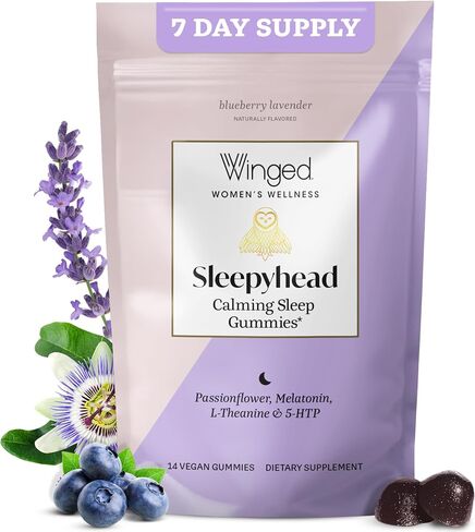 Winged Sleepyhead Gummies | Non-Habit Forming Natural Sleep Supplement | 8 Powerful Nutrients with Melatonin, L-Theanine, 5-HTP, Passionflower & Lemon Balm | Blueberry Lavender Flavor (7 Servings) in Saudi Arabia