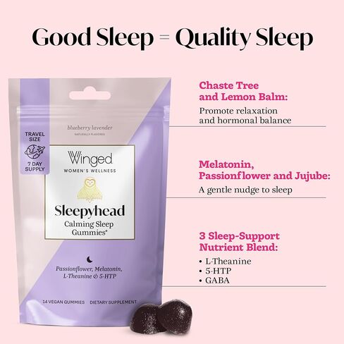 Winged Sleepyhead Gummies | Non-Habit Forming Natural Sleep Supplement | 8 Powerful Nutrients with Melatonin, L-Theanine, 5-HTP, Passionflower & Lemon Balm | Blueberry Lavender Flavor (7 Servings) in Saudi Arabia