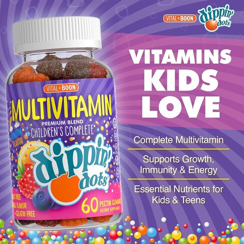 Dippin' Dots - Multivitamin Gummies for Kids (90 Count) | Rainbow Fruit Flavor Complete Multivitamin Chewy Gummies | Premium Blend with Vitamin A, B, C, D3, E, B6, Zinc and More | Vegetarian Non GMO in Saudi Arabia