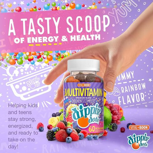 Dippin' Dots - Multivitamin Gummies for Kids (90 Count) | Rainbow Fruit Flavor Complete Multivitamin Chewy Gummies | Premium Blend with Vitamin A, B, C, D3, E, B6, Zinc and More | Vegetarian Non GMO in Saudi Arabia