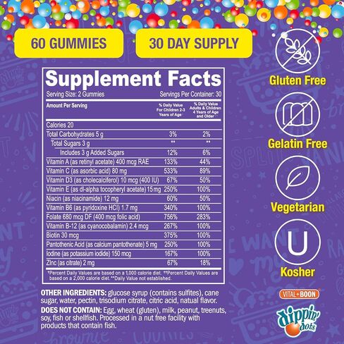 Dippin' Dots - Multivitamin Gummies for Kids (90 Count) | Rainbow Fruit Flavor Complete Multivitamin Chewy Gummies | Premium Blend with Vitamin A, B, C, D3, E, B6, Zinc and More | Vegetarian Non GMO in Saudi Arabia