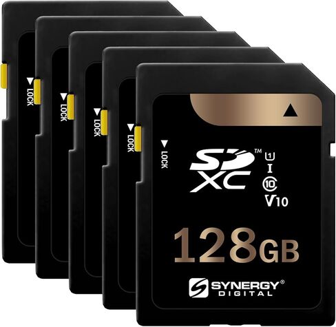 بطاقات الذاكرة الرقمية الآمنة SDXC UHS-I بسعة 128 جيجابايت من Synergy Digital، متوافقة مع الكاميرا الرقمية Fujifilm X-T3 بدون مرآة - الفئة 10، U1، 100 ميجابايت/ثانية، سلسلة 300 - حزمة من 5 in Saudi Arabia
