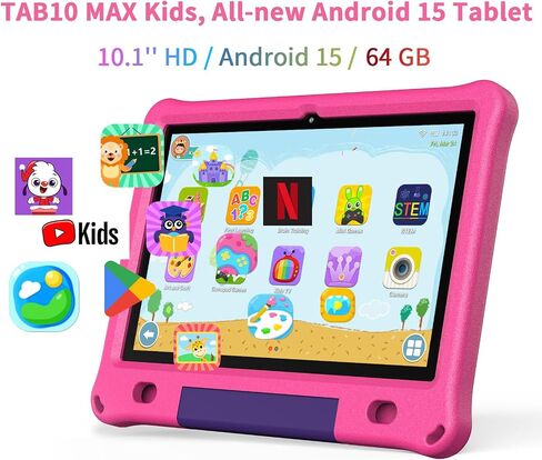 تابلت PRITOM Android 15، جهاز لوحي جديد تمامًا مقاس 10 بوصات للأطفال، مراقبة أبوية، أقراص قابلة للتوسيع بسعة 64 جيجابايت + 1 تيرابايت للأطفال، الأطفال، WiFi6، تعليمي، ألعاب، برامج للأطفال مثبتة مسبقًا، مع حافظة EVA (وردي) in Kuwait