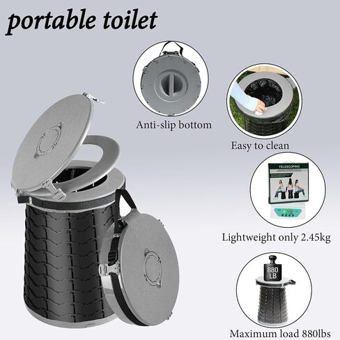 XXL Portable Toilet -19.7" H 15" D Adjustable Foldable Camping Toilet, Luggable Loo with Lid, Strap,Toilet Bag for Camping, Hiking, Travel and Car with Carry Bag in Saudi Arabia