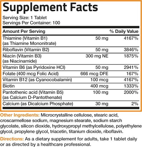 Bronson Vitamin B Complex (Vitamin B1, B2, B3, B6, B9 - Folic Acid, B12), 100 Tablets in Saudi Arabia