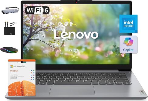 كمبيوتر محمول Lenovo IdeaPad 14 بوصة 2025، ذاكرة وصول عشوائي 12 جيجابايت، تخزين 884 جيجابايت (256 جيجابايت SSD + 128 جيجابايت eMMC + 500 جيجابايت تحويلة)، معالج Intel Core، رسومات UHD، بطارية طويلة WiFi-6، MarxsolAccessory، مكتب لمدة عام 365، Win 11 in Kuwait