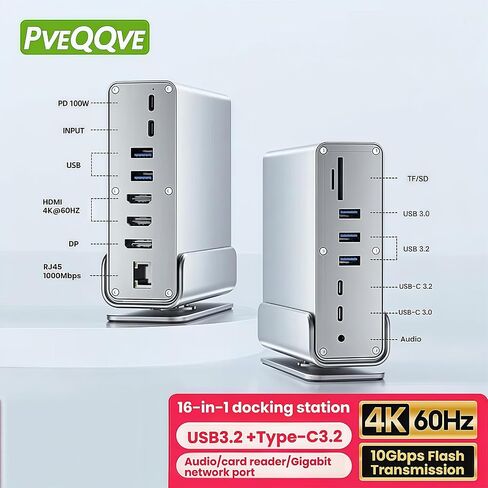 PveQQve 15 in 1 Vertical USB C Laptop Docking Station Dual Monitor with 2 HDMI 4K@60Hz Ports,3 Monitor Docking Station Includes DP Port,10Gbps USB A/C3.2, SD/TF, Gigabit Ethernet, Dock for Laptop PC in Saudi Arabia
