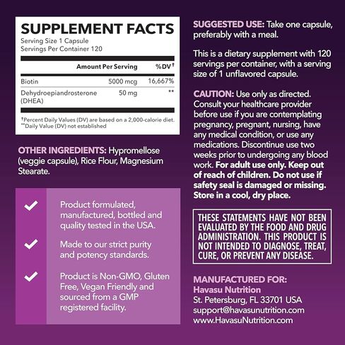 HAVASU NUTRITION DHEA 50 مجم قوة إضافية مصممة لتعزيز طاقة الشباب وتوازن مستويات الهرمونات ودعم كتلة العضلات الهزيلة، غير معدلة وراثيًا، مكمل للرجال والنساء، 60 كبسولة in Kuwait