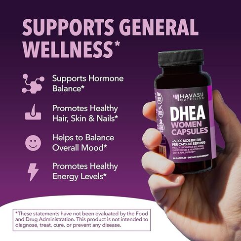 HAVASU NUTRITION DHEA 50 مجم قوة إضافية مصممة لتعزيز طاقة الشباب وتوازن مستويات الهرمونات ودعم كتلة العضلات الهزيلة، غير معدلة وراثيًا، مكمل للرجال والنساء، 60 كبسولة in Kuwait