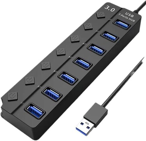 موزع USB 3.0، موزع USB بـ 7 منافذ مع مفاتيح تشغيل/إيقاف فردية وأضواء، كابل بطول 3.2 قدم/1 متر متوافق مع أجهزة MacBook/Laptop/Surface Pro/PS4/PC/محرك أقراص فلاش/محرك الأقراص الصلبة المحمول in Kuwait
