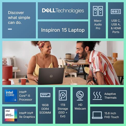 كمبيوتر محمول Dell Inspiron 15 بشاشة تعمل باللمس، مكتب مدى الحياة، AI Copilot، 15.6 بوصة FHD IPS، 10-Core Intel i5 (حتى 4.5 جيجا هرتز)، ذاكرة الوصول العشوائي 16 جيجابايت وتخزين 1 تيرابايت (512 جيجابايت SSD + 500 جيجابايت Ext)، Wi-Fi 6، HubxcelAccs، Win 11 in Kuwait