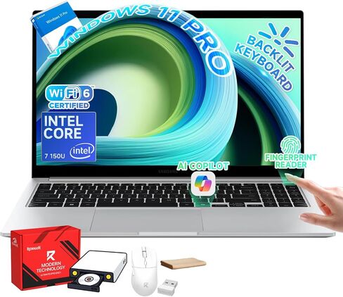 كمبيوتر محمول Samsung Galaxy Book4 Business - Intel 10-Core 7 150U، شاشة 15.6 FHD، Windows 11 Pro، لوحة مفاتيح بإضاءة خلفية، بصمة الإصبع، Copilot AI، مع ملحقات Redragon (ذاكرة الوصول العشوائي 16 جيجابايت، 512 جيجابايت SSD) in Saudi Arabia