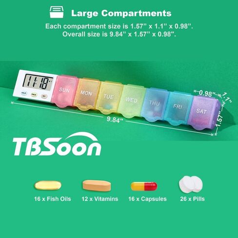 [2024New] 1 Day 4 Times Pill Organizer,5 Alarms+1 Timer,Loud Sound,Large Compartment,Large Screen,Moisture-Proof Design,Hold Vitamins,Fish Oil,Weekly Pill Box/Cases,Daily Medicine Dispenser in Kuwait