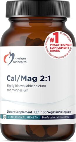 Designs for Health Cal/Mag 2:1 - 150 ملغ من مالات المغنيسيوم المخلب + 300 ملغ من مكملات مالات الكالسيوم - غير معدلة وراثيًا، مغذيات عالية الامتصاص لدعم العظام (180 كبسولة) in Saudi Arabia