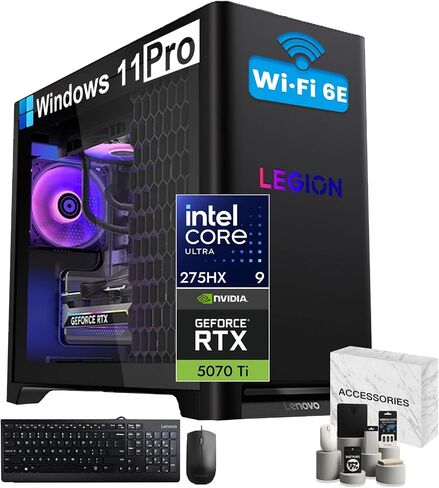 كمبيوتر مكتبي للألعاب Lenovo Legion Tower 5i Gen 10 - NVIDIA RTX 5070 Ti، Intel 24-Core Ultra 9 275HX (حتى 5.40 جيجاهرتز)، 64 جيجابايت DDR5، 2 تيرابايت SSD + 2 تيرابايت HDD، Wi-Fi 6E، Win11 Pro، مع لوحة مفاتيح وماوس وملحقات in Saudi Arabia