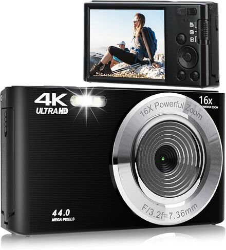 Digital Camera, 44MP 16X Digital Zoom 4K Camera with 2.8in HD Screen, Built in Fill Light Anti Shake for Teens Adult Beginner(Black and Silver) (Black) in Saudi Arabia