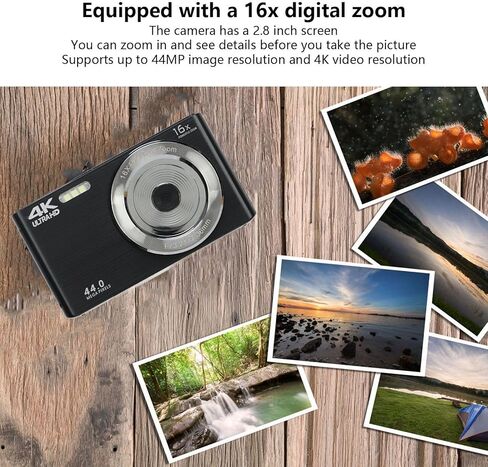 Digital Camera, 44MP 16X Digital Zoom 4K Camera with 2.8in HD Screen, Built in Fill Light Anti Shake for Teens Adult Beginner(Black and Silver) (Black) in Saudi Arabia