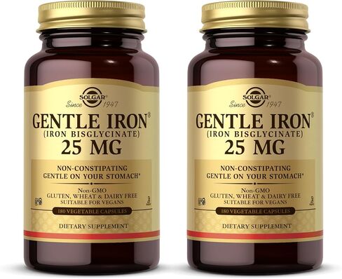 Solgar Gentle Iron (Iron Bisglycinate) 25 mg - 180 Vegetable Capsules, Pack of 2 - Non-Constipating, Gentle on Your Stomach - Non-GMO, Gluten Free - 360 Total Servings in Saudi Arabia