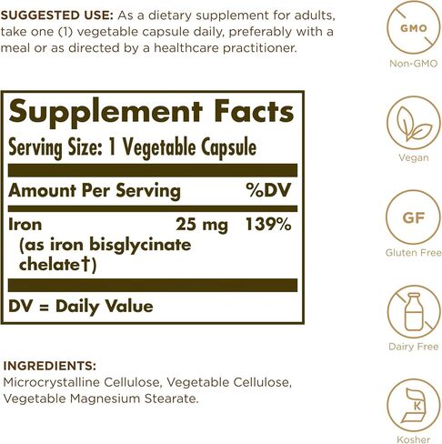 Solgar Gentle Iron (Iron Bisglycinate) 25 mg - 180 Vegetable Capsules, Pack of 2 - Non-Constipating, Gentle on Your Stomach - Non-GMO, Gluten Free - 360 Total Servings in Saudi Arabia