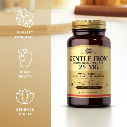 Solgar Gentle Iron (Iron Bisglycinate) 25 mg - 180 Vegetable Capsules, Pack of 2 - Non-Constipating, Gentle on Your Stomach - Non-GMO, Gluten Free - 360 Total Servings in Saudi Arabia