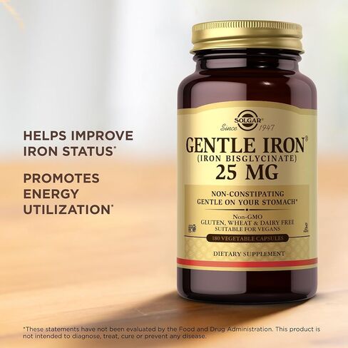 Solgar Gentle Iron (Iron Bisglycinate) 25 mg - 180 Vegetable Capsules, Pack of 2 - Non-Constipating, Gentle on Your Stomach - Non-GMO, Gluten Free - 360 Total Servings in Saudi Arabia