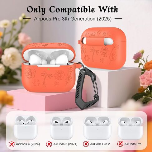 تصميم زهرة MATEPROX متوافق مع حافظة AirPods Pro 3 مع سلسلة مفاتيح/حزام يد، Airpod Pro الجيل الثالث [2025] غطاء حماية لسماعات الرأس من السيليكون يدعم الشحن اللاسلكي - برتقالي in Saudi Arabia