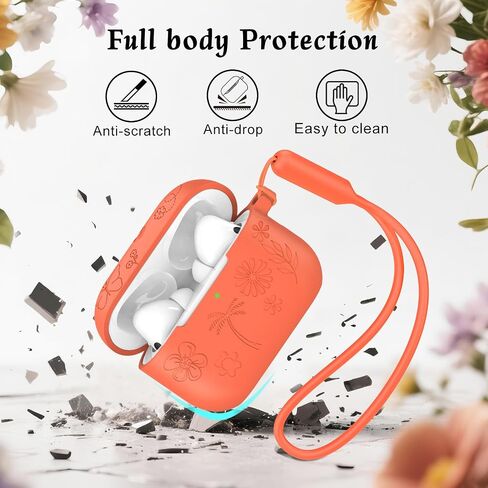 تصميم زهرة MATEPROX متوافق مع حافظة AirPods Pro 3 مع سلسلة مفاتيح/حزام يد، Airpod Pro الجيل الثالث [2025] غطاء حماية لسماعات الرأس من السيليكون يدعم الشحن اللاسلكي - برتقالي in Saudi Arabia