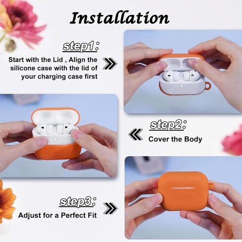 تصميم زهرة MATEPROX متوافق مع حافظة AirPods Pro 3 مع سلسلة مفاتيح/حزام يد، Airpod Pro الجيل الثالث [2025] غطاء حماية لسماعات الرأس من السيليكون يدعم الشحن اللاسلكي - برتقالي in Saudi Arabia
