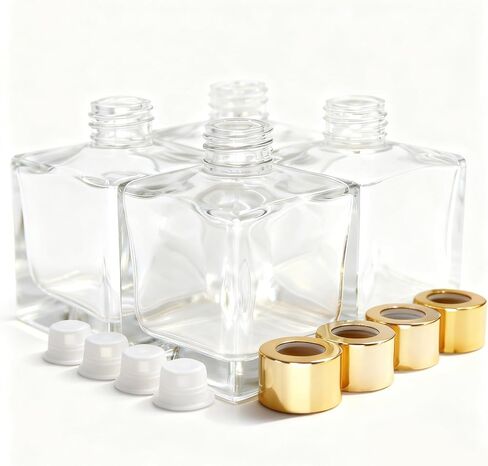 Feel Fragrance Glass Diffuser Bottles with Silver Caps Refillable Diffuser Bottles Set of 4-2.5" High, 50ml 1.7 fl oz. Small Square Shape, Diffuser Jars for Home Fragrance in Saudi Arabia