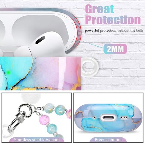 حافظة لجهاز Airpods Pro 3 غطاء حماية لطيف متوافق مع AirPods Pro الجيل الثالث (2025) حافظات مع سلسلة مفاتيح سوار للنساء من الرخام الوردي والأزرق in Kuwait