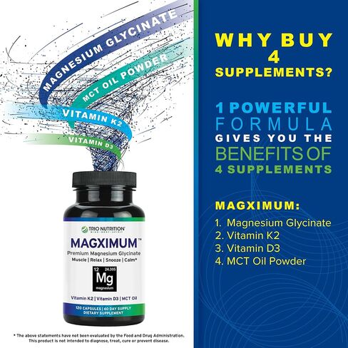 Trio Nutrition MagX Magnesium Glycinate, Vitamin D3, Vitamin K2 & MCT Oil | Chelated Magnesium Supplement | Calm, Relaxation & Recovery | Be Well Rested & Start Your Day with Magximum in Kuwait