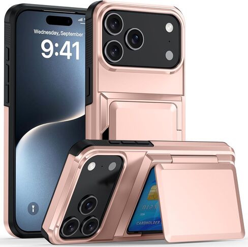محفظة لهاتف iPhone 17 Pro Max - حافظة واقية أنيقة مع حامل بطاقة (تحمل 5 بطاقات) - ذهبي وردي in Kuwait