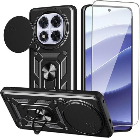حافظة لهاتف Xiaomi Redmi Note 14 Pro 5G مع واقي شاشة من الزجاج المقسى، وغطاء هاتف خلوي مقاوم للسقوط مع مسند ومنزلق | حافظة هاتف متينة وشديدة التحمل - أسود in Saudi Arabia
