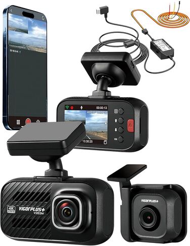 كاميرا قياس مزدوجة VIGORPLUS V263WRX - كاميرا سيارة أمامية بدقة 4K + كاميرا خلفية بدقة 1080 بكسل مع شبكة Wi-Fi ونظام تحديد المواقع العالمي (GPS)، رؤية ليلية، وضع ركن السيارة، تسجيل حلقي، مستشعر G، شاشة IPS مقاس 2 بوصة in Kuwait