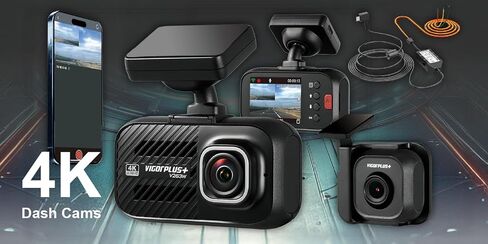 كاميرا قياس مزدوجة VIGORPLUS V263WRX - كاميرا سيارة أمامية بدقة 4K + كاميرا خلفية بدقة 1080 بكسل مع شبكة Wi-Fi ونظام تحديد المواقع العالمي (GPS)، رؤية ليلية، وضع ركن السيارة، تسجيل حلقي، مستشعر G، شاشة IPS مقاس 2 بوصة in Kuwait