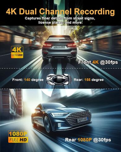كاميرا قياس مزدوجة VIGORPLUS V263WRX - كاميرا سيارة أمامية بدقة 4K + كاميرا خلفية بدقة 1080 بكسل مع شبكة Wi-Fi ونظام تحديد المواقع العالمي (GPS)، رؤية ليلية، وضع ركن السيارة، تسجيل حلقي، مستشعر G، شاشة IPS مقاس 2 بوصة in Kuwait