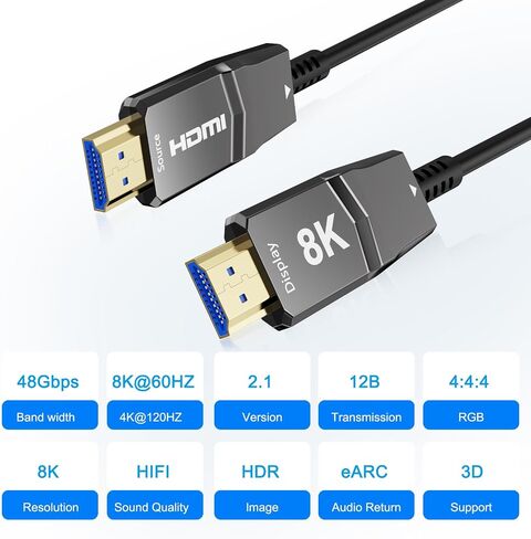 8K Fiber Optic HDMI Cable 6.6ft,Long HDMI 2.1 Cable,Active HDMI Cord,48Gbps,8K@60Hz 4K@120Hz,Ultra HD HDR, for PS5/Xbox/TV/Monitor/Laptop/Projector/Blu-ray in Saudi Arabia
