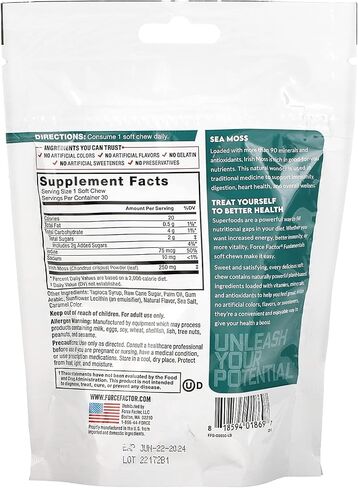 FORCE FACTOR Sea Moss Soft Chews, Support Immunity, Digestion, and Heart Health, Irish Sea Moss Superfood & Antioxidants Supplement, Non-GMO, Gluten-Free, Salted Caramel Flavor, 30 Soft Chews in Kuwait