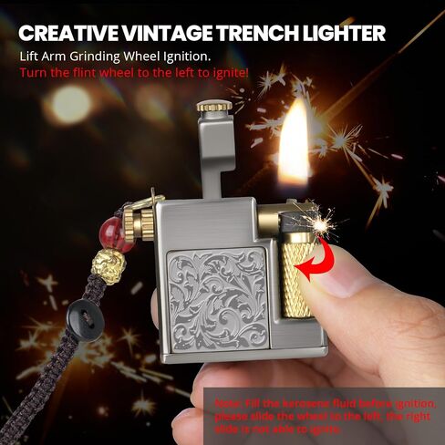 Vintage Trench Lighter, Compact Keychain Lighter, Kerosene Fluid Refillable Antique Wick Lighters, Soft Flame Flint Wheel Brass Lighters for Men Dad in Saudi Arabia