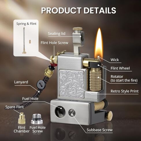 Vintage Trench Lighter, Compact Keychain Lighter, Kerosene Fluid Refillable Antique Wick Lighters, Soft Flame Flint Wheel Brass Lighters for Men Dad in Saudi Arabia