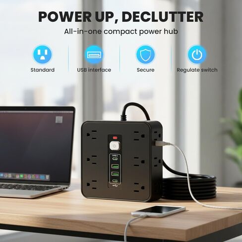 شريط طاقة 16 في 1 مع مفتاح وحماية من التيار الزائد، 2026 جديد 16 في 1 واقي من التيار الزائد، 6.5 قدم مسطح، واقي من التيار الكهربائي مع 12 منفذًا ومنفذين USB ومنفذين من النوع C للمكتب المنزلي (أسود) in Kuwait
