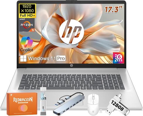 كمبيوتر محمول HP 2025 مقاس 17 بوصة لطلاب الأعمال، AMD Ryzen 5 7430U، شاشة 17.3 بوصة FHD IPS مضادة للتوهج، ذاكرة الوصول العشوائي 32 جيجابايت، 1 تيرابايت SSD، وحدة معالجة الرسومات AMD Radeon، مفتاح Copilot، Windows 11 Pro، Wi-Fi 6، عمر بطارية طويل in Saudi Arabia
