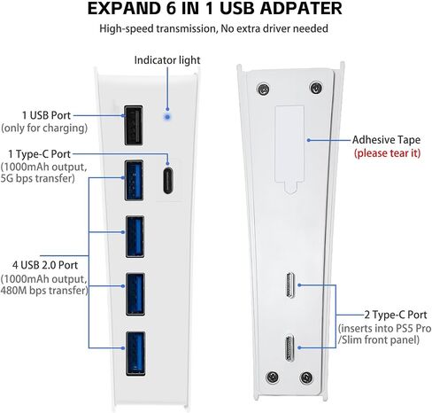 موزع USB بـ 5 منافذ لجهاز PS5، محول مقسم شاحن Megadream عالي السرعة مع 4 USB + 1 منفذ شحن USB + 1 منفذ من النوع C، متوافق مع وحدة تحكم ألعاب Playstation 5 Dualsence in Kuwait