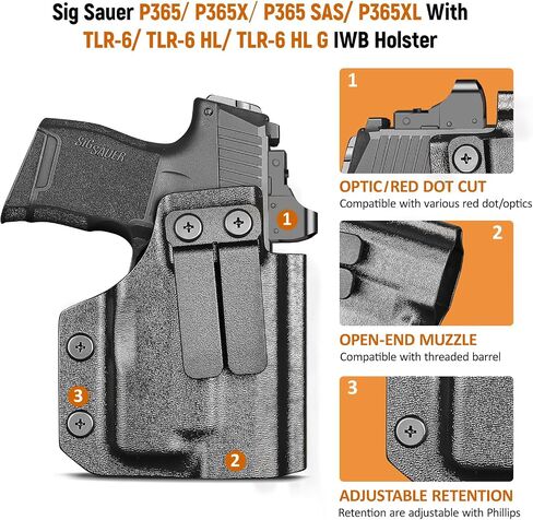 PROUS IWB Kydex Light Holster Fit Sig Sauer P365/P365X/P365 SAS/ P365XL w/TLR-6/TLR-6 HL/TLR-6 HL G، حامل إخفاء حزام الخصر الداخلي، قطع بصري، Adj. غير قادر والاحتفاظ، اليد اليمنى in Kuwait